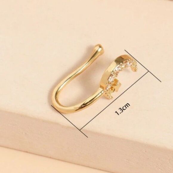 GOLD CRESCENT MOON DIAMOND STAR NOSE RING - Picture 3 of 4